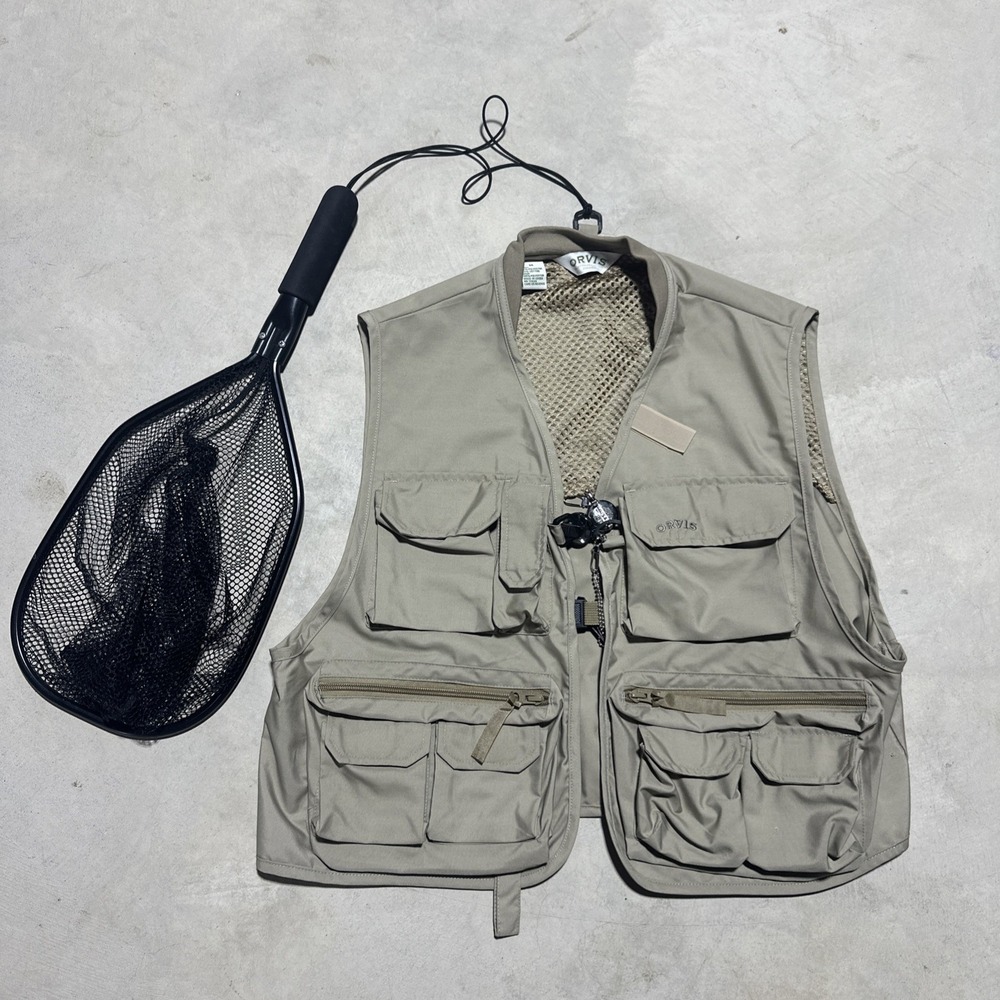 Orvis Fly Fishing Utility Vest Men's Size M Mesh Khaki Wading Pockets W/ Net